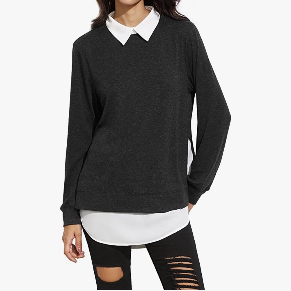 Romwe Women’s Classic Collar Curved Hem Pullover Shirt